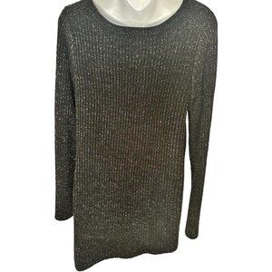 I.N. Studio Black Metallic Ribbed Knit Asymmetrical Hem Sweater Large Long Sleev